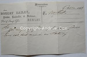 Seller image for MEMORANDUM FROM ROBERT BAILEY Printer, Bookseller, & Stationer, Post & Stamp Office of Dawley in Shropshire Dated 1869 for sale by Andrew Cox PBFA