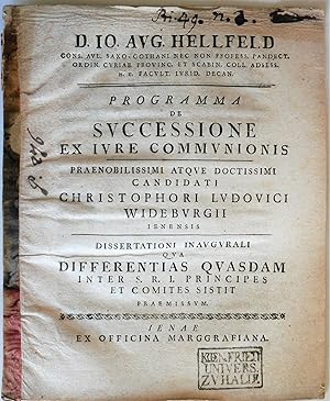 Bild des Verk�ufers f�r D. Io. Aug. Hellfeld . Programma De Successione Ex Iure Communionis . zum Verkauf von Auceps-Antiquariat Sebastian Vogler