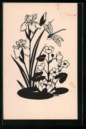 Image du vendeur pour Ansichtskarte Scherenschnitt A. M. Schwindt, Blumen und Libelle mis en vente par Bartko-Reher