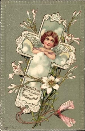 Präge Ansichtskarte / Postkarte Glückwunsch Konfirmation, Engel, Blumen, Kreuz