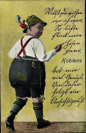 Bild des Verkufers fr Leporello Ansichtskarte / Postkarte Koblenz am Rhein, Junge in Tracht, Gedicht zum Verkauf von akpool GmbH