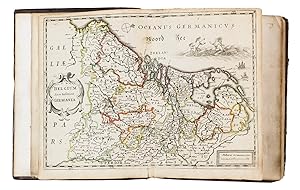 Bild des Verkufers fr La description de XVII. Provinces, avec les Terres Circonvoicins, a Scavoir Champagnie, Picardie, Liege, Retelle, &c.Antwerp, Jan Huyssens, 1652. 4to (18 x 14.5 cm). With a double-page letterpress title-page, with a frame built up from typographic ornaments, and 39 unnumbered double-page engraved maps of the northern and southern Low Countries by Jacob Aertsz. Colom, each map coloured in outline. Interleaved with 38 blank leaves and with a manuscript table of contents ([3], [3 blank] pp.) at the end. Later 17th-century mottled calf. zum Verkauf von ASHER Rare Books