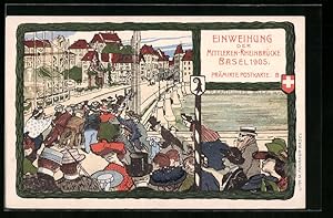 Ansichtskarte Basel, Einweihung der Mittleren-Rheinbrücke 1905