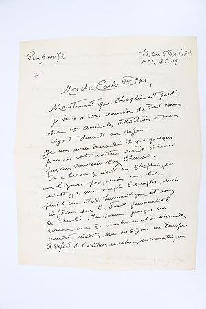 Importante lettre autographe signée adressée à Carlo Rim le remerciant de lui avoir permis de ren...