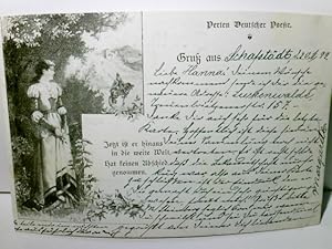 Bild des Verkufers fr Gruss aus., Perlen Deutscher Poesie. Alte Ansichtskarte / Postkarte / Lithographie s/w, gel.1899. Frau trauert dem Liebsten auf Pferd nach, mit Spruch : Jetzt ist er hinaus in die weite Welt. zum Verkauf von ABC Versand e.K.