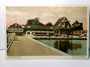 Annen. Witten. Alte Ansichtskarte farbig, gel. 1930. Schwimmbad. Becken, Gebäude, Personen.
