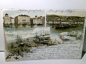 Triest. Alte Ansichtskarte / Lithographie farbig, gel. 1896. 3 Ansichten. Hotel de la Ville, Chie...