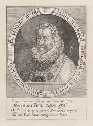 Bild des Verkufers fr Matthias (Wien 24. 02. 1557 - 20. 03. 1619 Wien). Kaiser des Heiligen Rmischen Reiches und Erzherzog von sterreich (1612 - 1619). Seit 1608 war er Knig von Ungarn und Kroatien als Matthias II., seit 1611 Knig von Bhmen. Brustbild im Oval,. zum Verkauf von Antiquariat Clemens Paulusch GmbH