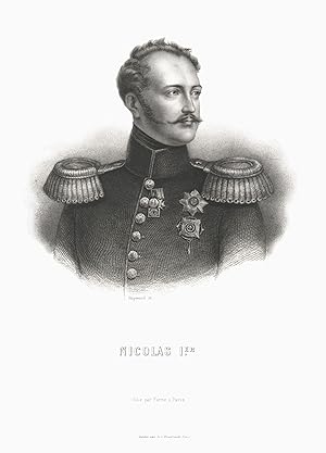 Bild des Verkufers fr Nikolaus I. Pawlowitsch (Zarskoje Selo bei Petersburg 06. 07. 1796 - 02. 03. 1855 St. Petersburg). Zar von Russland aus dem Haus Romanow-Holstein-Gottorp. "Nicolaus I, Kaiser v. Russland" Brustbild in Uniform mit Orden, "Nicolas 1er.",. zum Verkauf von Antiquariat Clemens Paulusch GmbH