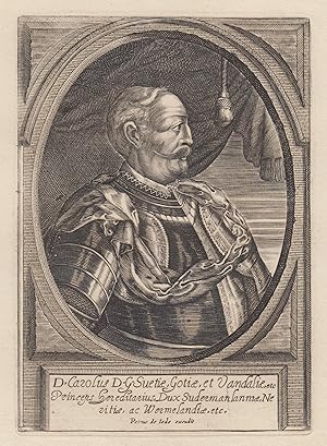 Bild des Verkufers fr (Stockholm 24. 11. 1655 - 05. 04. 1697 Stockholm). Knig von Schweden (1660 -1697). Er stammt aus dem Adelsgeschlecht der Wittelsbacher. Als Karl II. war er Herzog von Pfalz-Kleeburg und in Personalunion von 1681-1697 als Karl I. auch Herzog von Pfalz-Zweibrcken. Brustbild im Oval in Rstung. zum Verkauf von Antiquariat Clemens Paulusch GmbH