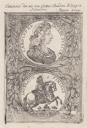 Bild des Verkufers fr (Stockholm 24. 11. 1655 - 05. 04. 1697 Stockholm). Knig von Schweden (1660 -1697). Er stammt aus dem Adelsgeschlecht der Wittelsbacher. Als Karl II. war er Herzog von Pfalz-Kleeburg und in Personalunion von 1681-1697 als Karl I. auch Herzog von Pfalz-Zweibrcken. Brustbild im Rund, darunter als Reiter,. zum Verkauf von Antiquariat Clemens Paulusch GmbH