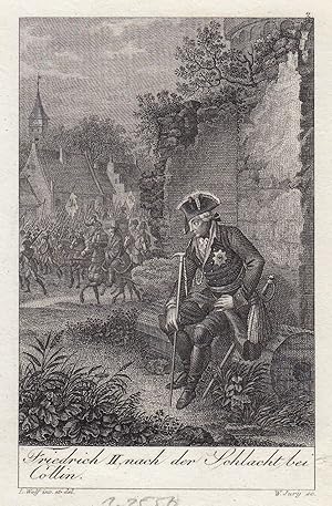 Seller image for (Berlin 24. 01. 1712 - 17. 08. 1786 in Potsdam). "Friedrich II. nach der Schlacht bei Collin". Friedrich, sitzend auf einem Baumstamm hinter einem Haus,. for sale by Antiquariat Clemens Paulusch GmbH