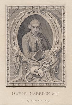 Image du vendeur pour David Garrick (Hereford 19. 02. 1717 - 20. 01. 1779 London). Auch Theaterdirektor und Autor von Bhnenstcken. Brustbild mit Buch im Oval, darunter eine Maske. mis en vente par Antiquariat Clemens Paulusch GmbH