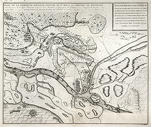 Bild des Verkufers fr Befestigungsgrundri m. Umgebung, "Plan de la Glorieuse Bataille donnee le 16.e aout, 1717. Proche de Belgrade, entre une partie de l' Arme Imperiale composse de 50. Bataillons 51. Compagnies de Grenadiers, et 24. Regiments de Cavalerie. Sous le Comandent de S.A.S. Monseigneur le Prince Eugene de Savoye, et l'Arme Ottomane forte de 200000. Hommes.". zum Verkauf von Antiquariat Clemens Paulusch GmbH