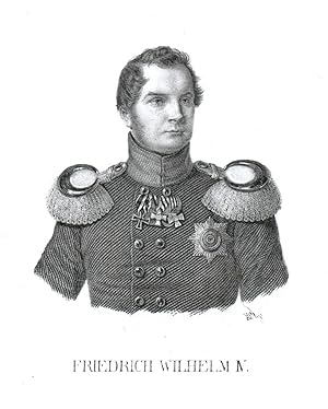 Imagen del vendedor de (Berlin 15. 10. 1795 - 02. 01. 1861 Potsdam). Knig von Preussen. Er war der lteste Sohn von Friedr. Wilhelm III. und wurde Knig von Preussen am 07.06.1840. "Friedrich Wilhelm IV. Am "28ten Merz 1849 von der Reichsversammlung zu Frankfurt a. M. erwhlter erster Kaiser der Deutschen". Aus Krankheitsgrndung Abdankung im Jahr 1858 (Nachfolger Wilhelm I.). Brustbild in Uniform mit Orden,. a la venta por Antiquariat Clemens Paulusch GmbH