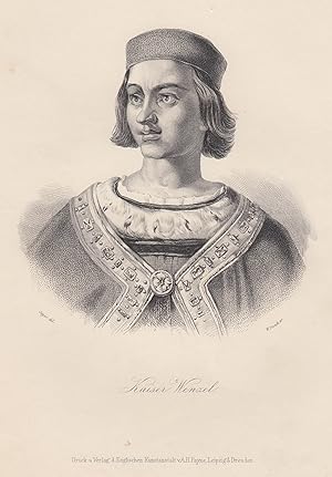 Imagen del vendedor de Karl IV. (Prag 14. 05. 1316 - 29. 11. 1378 Prag). Karl IV, getauft auf den Namen Wenzel, erhielt zu seiner Firmung den Namen Karl. Sohn des b�hmischen K�nigs Johann aus dem Hause Luxemburg und von m�tterlicher Seite Enkel des K�nigs Wenzel II. von B�hmen. Ab 1346 r�misch - deut. K�nig, ab1347 K�nig von B�hmen und ab 1355 deutscher Kaiser"Kaiser Karl IV", Brustbild en face,. a la venta por Antiquariat Clemens Paulusch GmbH