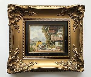 [Postkutsche vor einem Bauernhaus in alpiner Szenerie], Öl auf Holz, goldfarbene, dekorative Rahm...