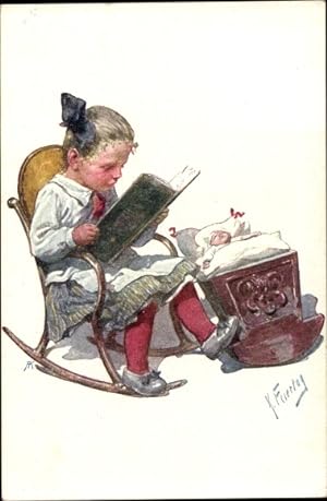 Künstler Ansichtskarte / Postkarte Feiertag, Karl, Mädchen beim Buchlesen, Puppe im Wiegenbett - ...