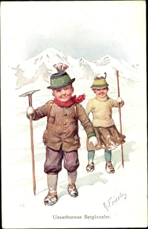 Künstler Ansichtskarte / Postkarte Feiertag, Karl, Kinder beim Wandern, Unverfrorene Bergkraxler ...