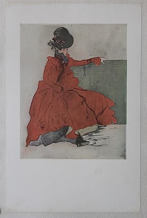 "Jacques VILLON: LA FEMME EN ROUGE (SUR UN BANC)" THE GIRL IN RED / Lithographie originale entoil...