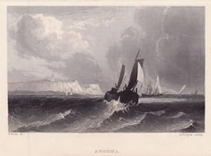 Arcona. Ansicht von der Ostsee auf die Küste, im Vordergrund Schiffe. Stahlstich von A.H.Payne na...