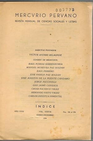 Imagen del vendedor de Mercurio Peruano. Revista Mensual de Ciencias Sociales y Letras. ndice de 1956. Ao XXXI, Vol. XXXVII. Enero-Dieciembre, 1956. Nms. 346-356. [RAREZA!]. a la venta por La Librera, Iberoamerikan. Buchhandlung