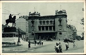 Bild des Verkufers fr Ansichtskarte / Postkarte Belgrad Beograd Serbien, Narodno pozoriste i spomenik, Nationaltheater, Reiterdenkmal zum Verkauf von akpool GmbH