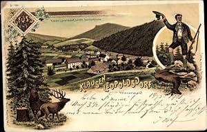 Litho Klausen Leopoldsdorf Niederösterreich, Blick auf den Ort, Jäger, Hirsche