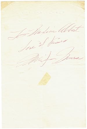 Autograph inscription Signed, "To Maxine Albert / Love & Kisses," in red ink, on her embossed per...