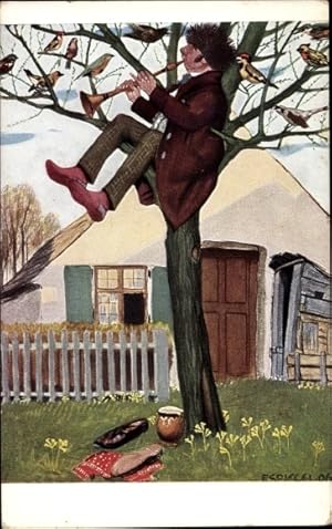 Bild des Verkufers fr Knstler Ansichtskarte / Postkarte Spiegel, F., Der Sonderling, Mann mit Flte auf einem Baum, Vgel zum Verkauf von akpool GmbH