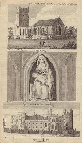 Immagine del venditore per Fig 1. [View of the] Church of Battlefield [Salop]. Fig 2. [Image of the Virgin and Child there]. Fig 3. [S.] View of Raby Castle [Durham]. Fig 4. [A Grave-stone for Dame Joane at White Ladies, Salop]. venduto da Antiqua Print Gallery