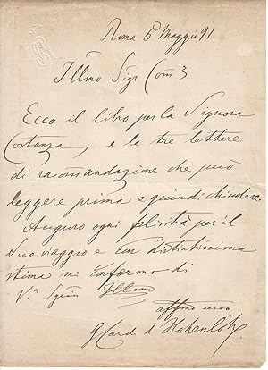 Seller image for [Gustav Adolf, Cardinal Prince of Hohenlohe-Schillingfrs.] Autograph Letter Signed ( G Card d Hohenhohe ) in Italian, enclosing a book by  Signora Costanza , and 3 letters of recommendation for a voyage [neither book not letters present!] for sale by Richard M. Ford Ltd