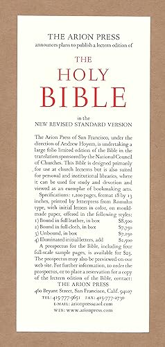 Seller image for The Holy Bible in the New Revised Standard Version (Announcement) for sale by The Bookshop at Beech Cottage
