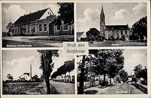 Ansichtskarte / Postkarte Genschmar im Oderbruch, Kirche, Gasthaus Hundertmark, Flockenfabrik, Do...