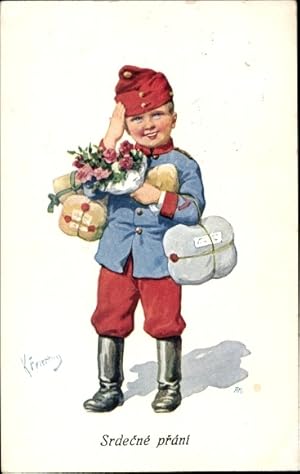 Seller image for Knstler Ansichtskarte / Postkarte Feiertag, K., Srdecne prani, Junge in Uniform mit Paketen - BKWI 442-5 for sale by akpool GmbH