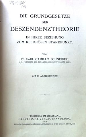 Imagen del vendedor de Die Grundgesetze der Deszendenztheorie in ihrer Beziehung zum religisen Standpunkt. a la venta por books4less (Versandantiquariat Petra Gros GmbH & Co. KG)