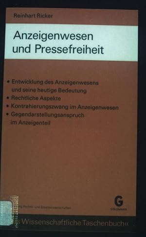 Bild des Verkufers fr Anzeigenwesen und Pressefreiheit. Das wissenschaftliche Taschenbuch ; Re 41 zum Verkauf von books4less (Versandantiquariat Petra Gros GmbH & Co. KG)