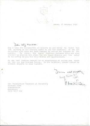 Immagine del venditore per [Princess Basma bint Talal of Jordan.] Typed Letter Signed to Lady Monckton, thanking her for sending Comfrey roots  for her family the  Royal Stables . venduto da Richard M. Ford Ltd