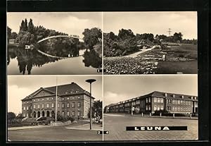 Ansichtskarte Leuna, Waldbadbrücke, Klubhaus der Werktätigen, Betriebsberufschule