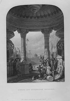 VIEW OF HINDOO AND MOHAMMEDAN BUILDINGS,1858 Historical India Steel Engraving Antique Print