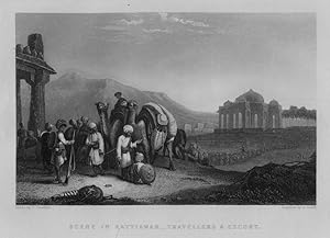A SCENE IN KATTTIAWAR IN INDIA WITH TRAVELLORS AND ESCORT,1858 Historical India Steel Engraving A...