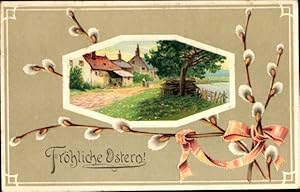 Ansichtskarte / Postkarte Glückwunsch Ostern, Dorfpartie, Weidenkätzchen