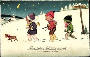 Bild des Verkufers fr Mondschein Ansichtskarte / Postkarte Glckwunsch Neujahr, Kleine Musiker und ein Hund, Amag 2229 zum Verkauf von akpool GmbH