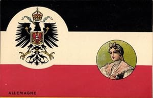Wappen Ansichtskarte / Postkarte Deutsche Kaiserreichsflagge, Preußischer Adler, Frau in Tracht