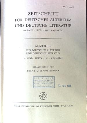 Bild des Verkufers fr Text und Bild in der 'Grossen Bilderhandschrift' von Wolframs 'Willehalm'. - in: Zeitschrift fr deutsches Altertum und deutsche Literatur; 116. Band, Heft 4. 4. Quartal; Anzeiger fr deutsches Altertum und deutsche Literatur. 98. Band. Heft 4, 4. Quartal; zum Verkauf von books4less (Versandantiquariat Petra Gros GmbH & Co. KG)