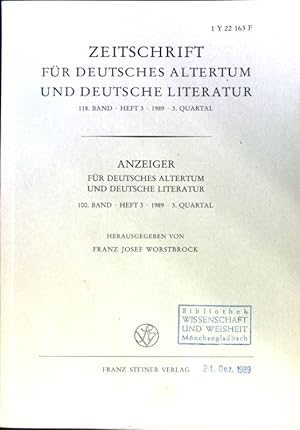 Bild des Verkufers fr Die Sprche im Bogenerton und die Anfnge von Walthers Spruchdichtung. - in: Zeitschrift fr deutsches Altertum und deutsche Literatur; 118. Band, Heft 3. 3. Quartal; Anzeiger fr deutsches Altertum und deutsche Literatur. 100. Band. Heft 3, 3. Quartal; zum Verkauf von books4less (Versandantiquariat Petra Gros GmbH & Co. KG)