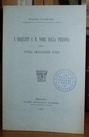 Seller image for I REQUESITI E IL NOME DELLA PERSONA NELLA FUTURA LEGISLAZIONE CIVILE for sale by Fbula Libros (Librera Jimnez-Bravo)