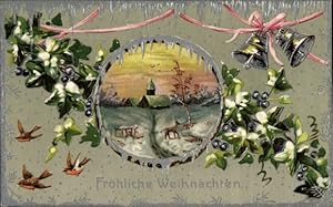 Ansichtskarte / Postkarte Glückwunsch Weihnachten, Dorfpartie, Glocken, Reh, Vögel