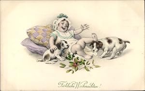 Ansichtskarte / Postkarte Glückwunsch Weihnachten, Kind mit Hunden, Stechpalme - M. Munk 774