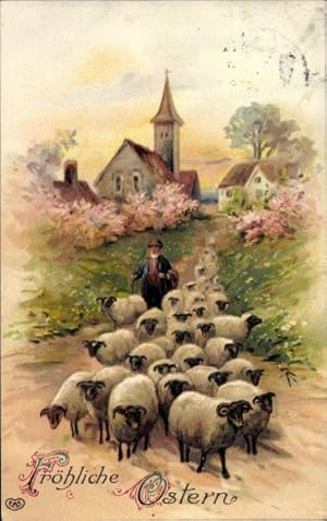 Ansichtskarte / Postkarte Glückwunsch Ostern, Ortsansicht, Schafe